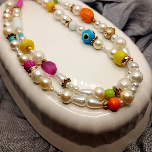 Hand Crafted Jewelry - Bohemian Faux Pearl, Glass, And Acrylic Beaded Necklace  Artisan Made